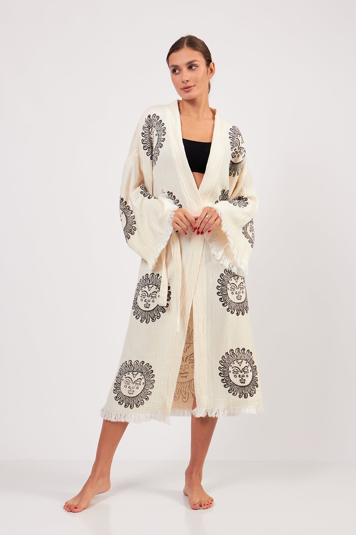 Turkish Towel Kimono Bathrobe Sun Design Black on Ecru