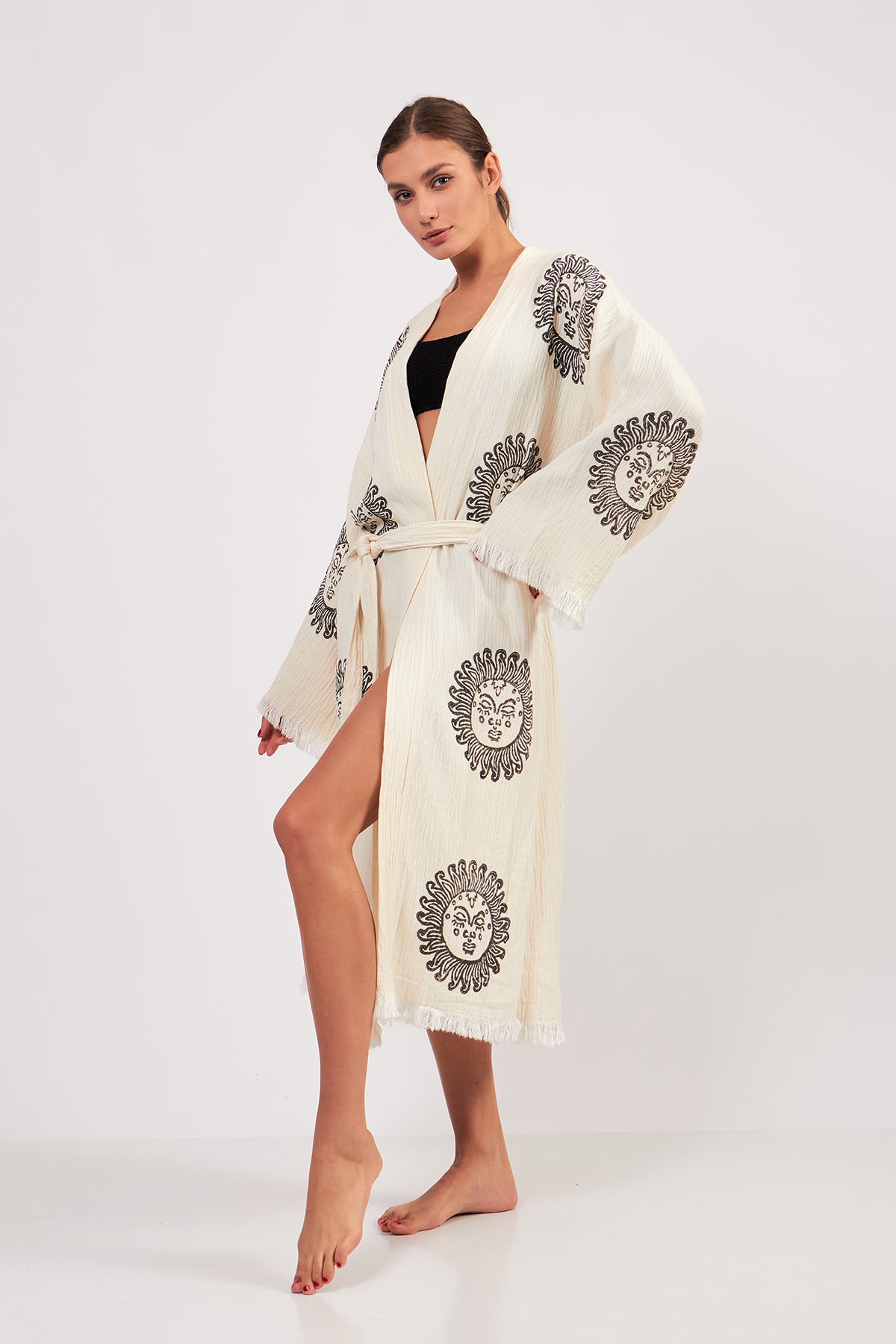 Turkish Towel Kimono Bathrobe Sun Design Black on Ecru