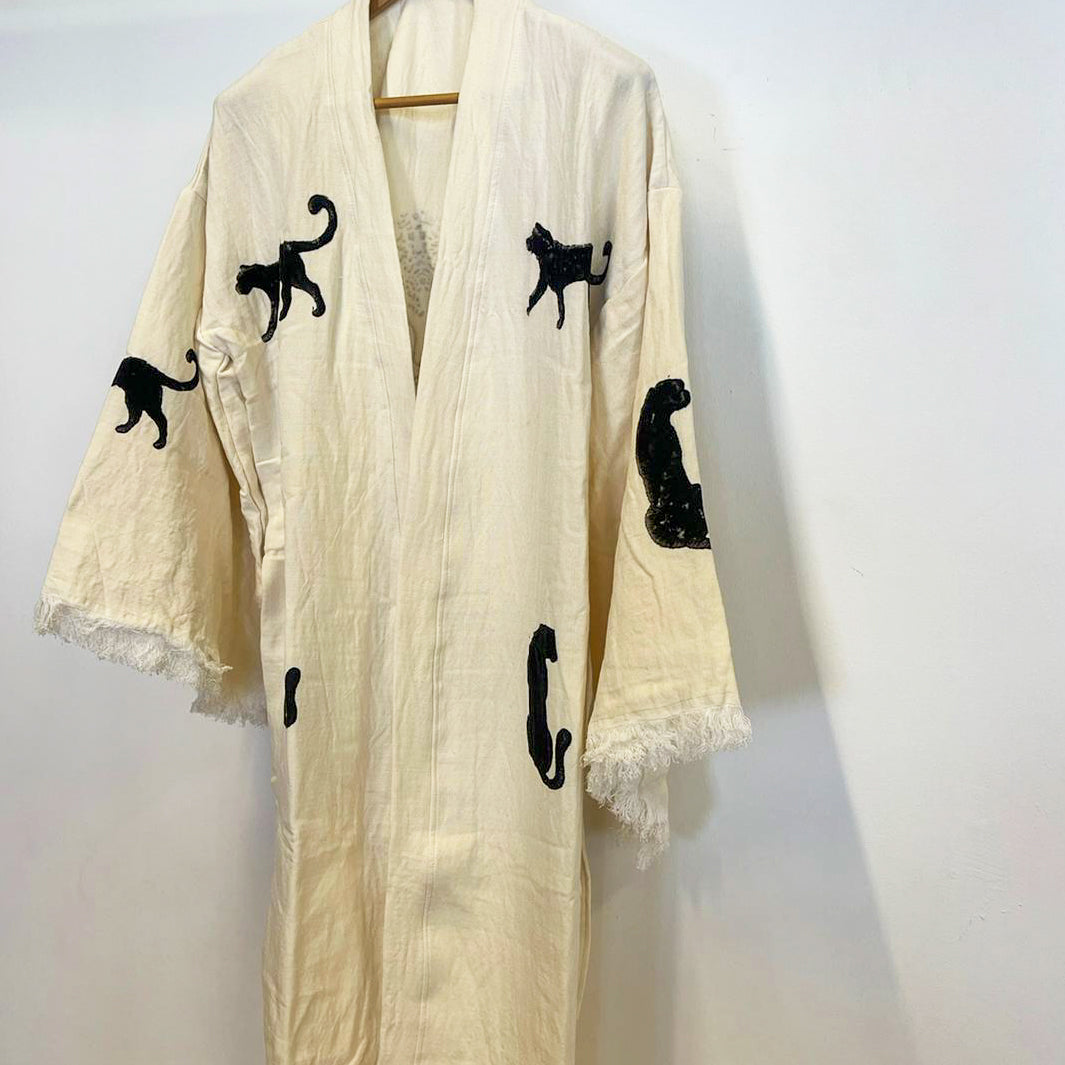 Turkish Towel Kimono Bathrobe Tiger Design Natural