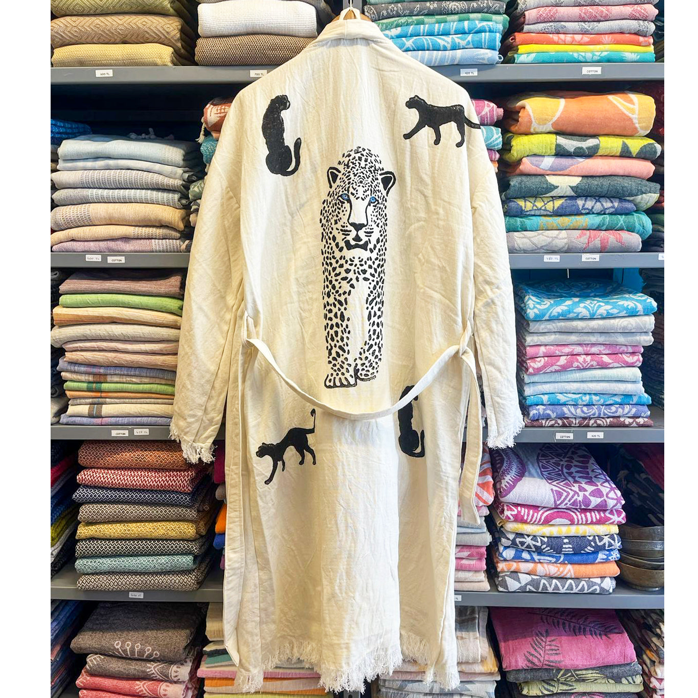 Turkish Towel Kimono Bathrobe Tiger Design Natural