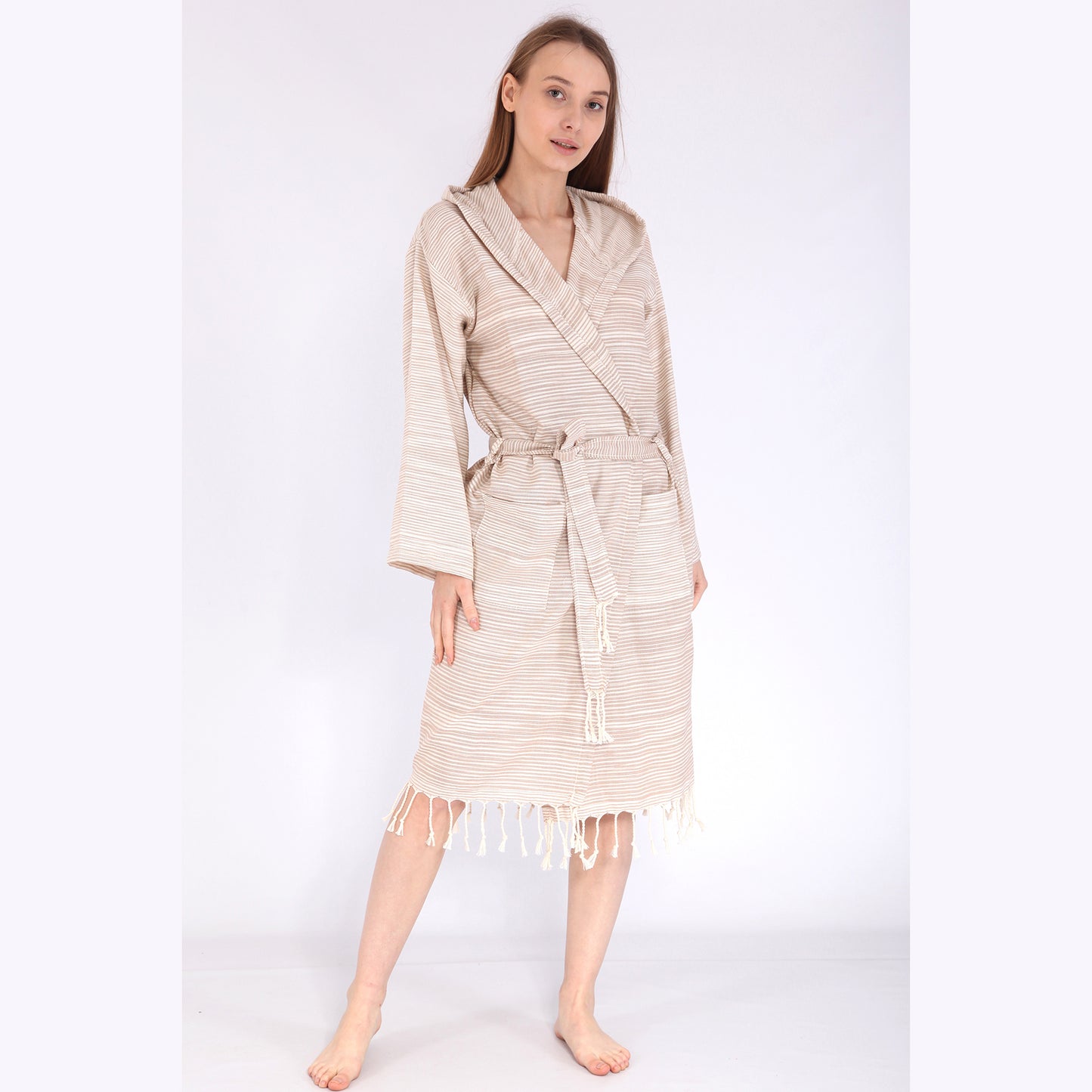 Turkish Towel Pestemal Bathrobe Ecru Natural Cotton Hooded