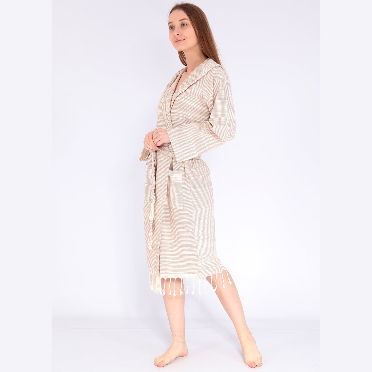 Turkish Towel Pestemal Bathrobe Ecru Natural Cotton Hooded