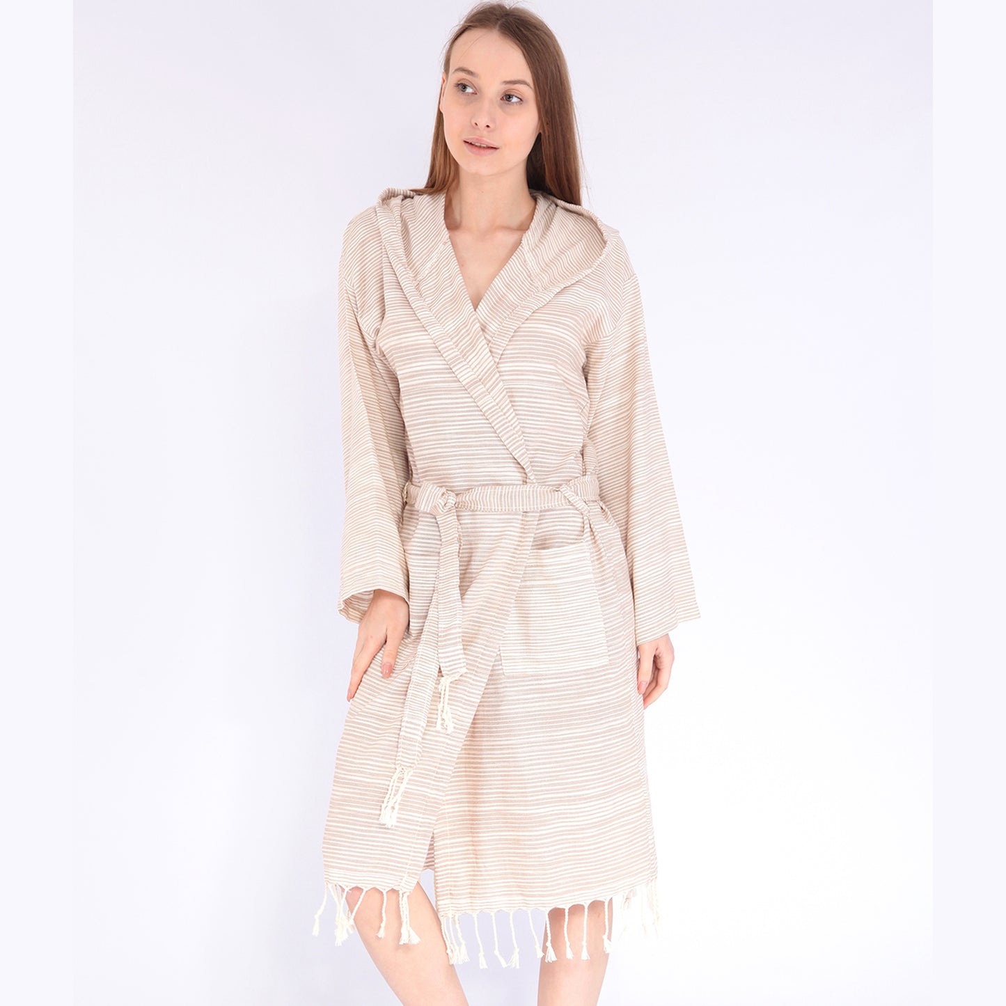 Turkish Towel Pestemal Bathrobe Ecru Natural Cotton Hooded