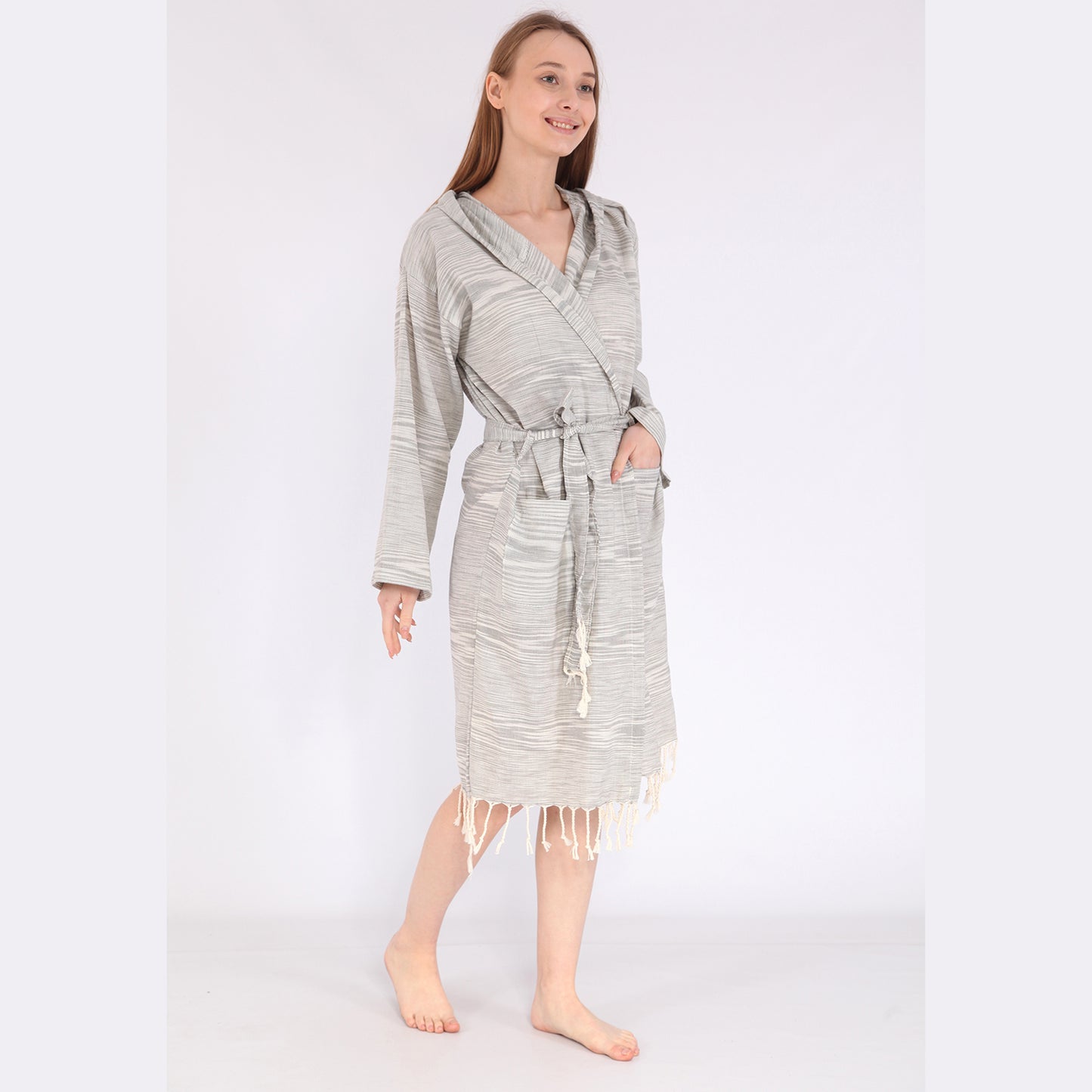 Turkish Towel Pestemal Bathrobe Natural Cotton Hooded