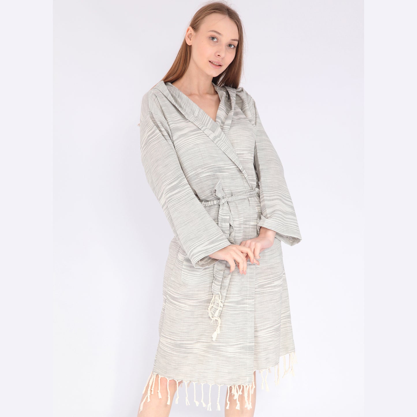 Turkish Towel Pestemal Bathrobe Natural Cotton Hooded