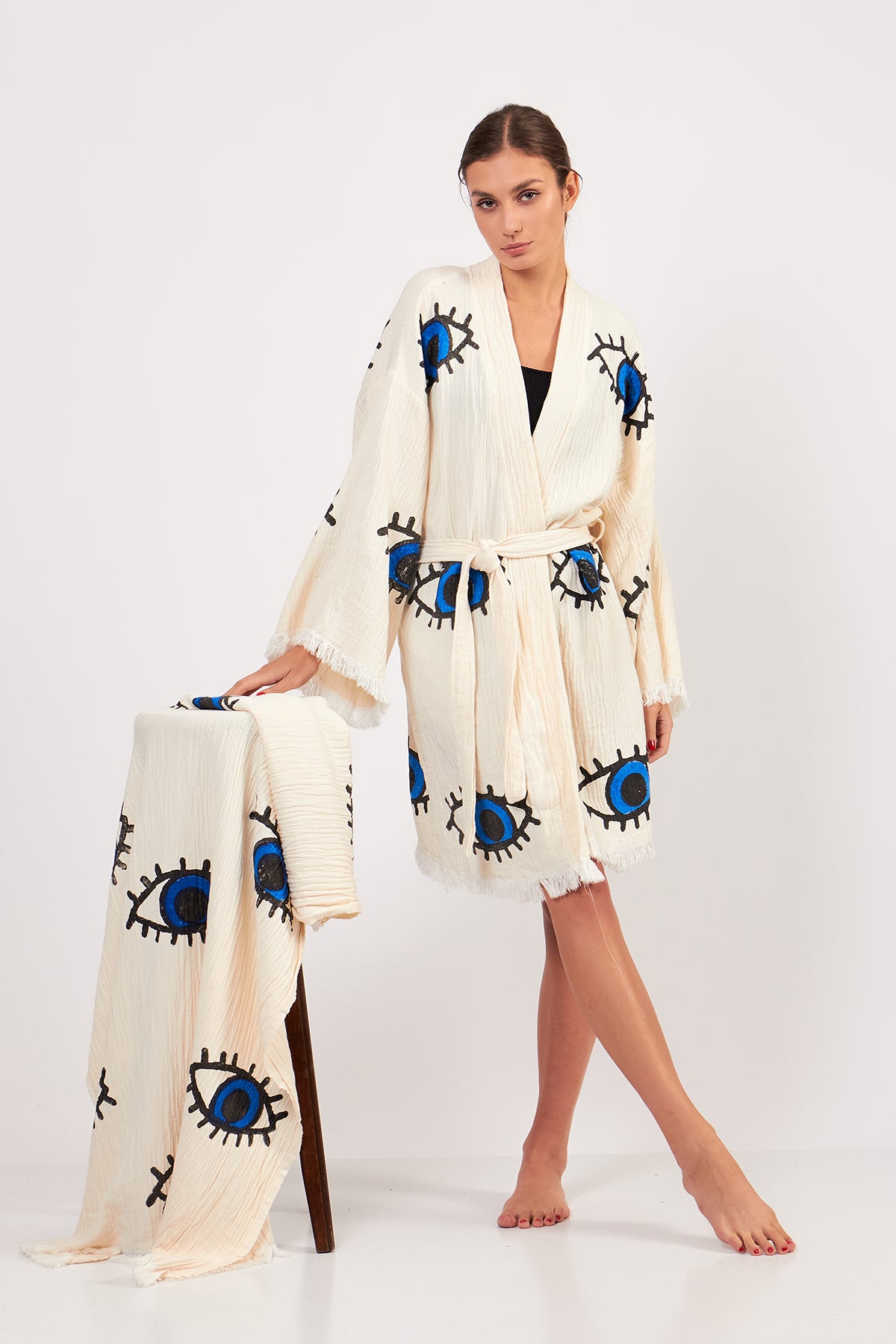 Turkish Towel and Kimono Bathrobe Set Evil Eye Design