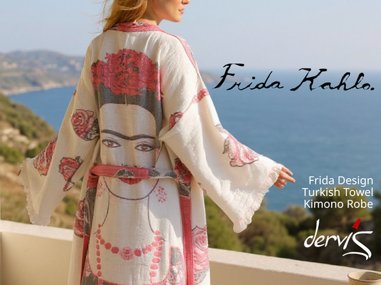 Frida Design Turkish Towel Kimono Robe by Derviş Textiles – handwoven natural cotton, artisan block print, sustainable unisex kimono robe