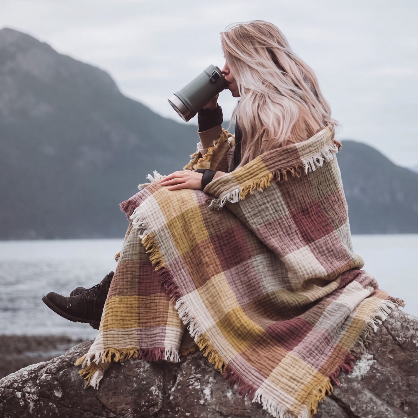 Person sitting on a rock by a lake, wrapped in a Cotton Plaid Throw Blanket – Sofa Throw & Picnic Blanket and drinking from a thermos.