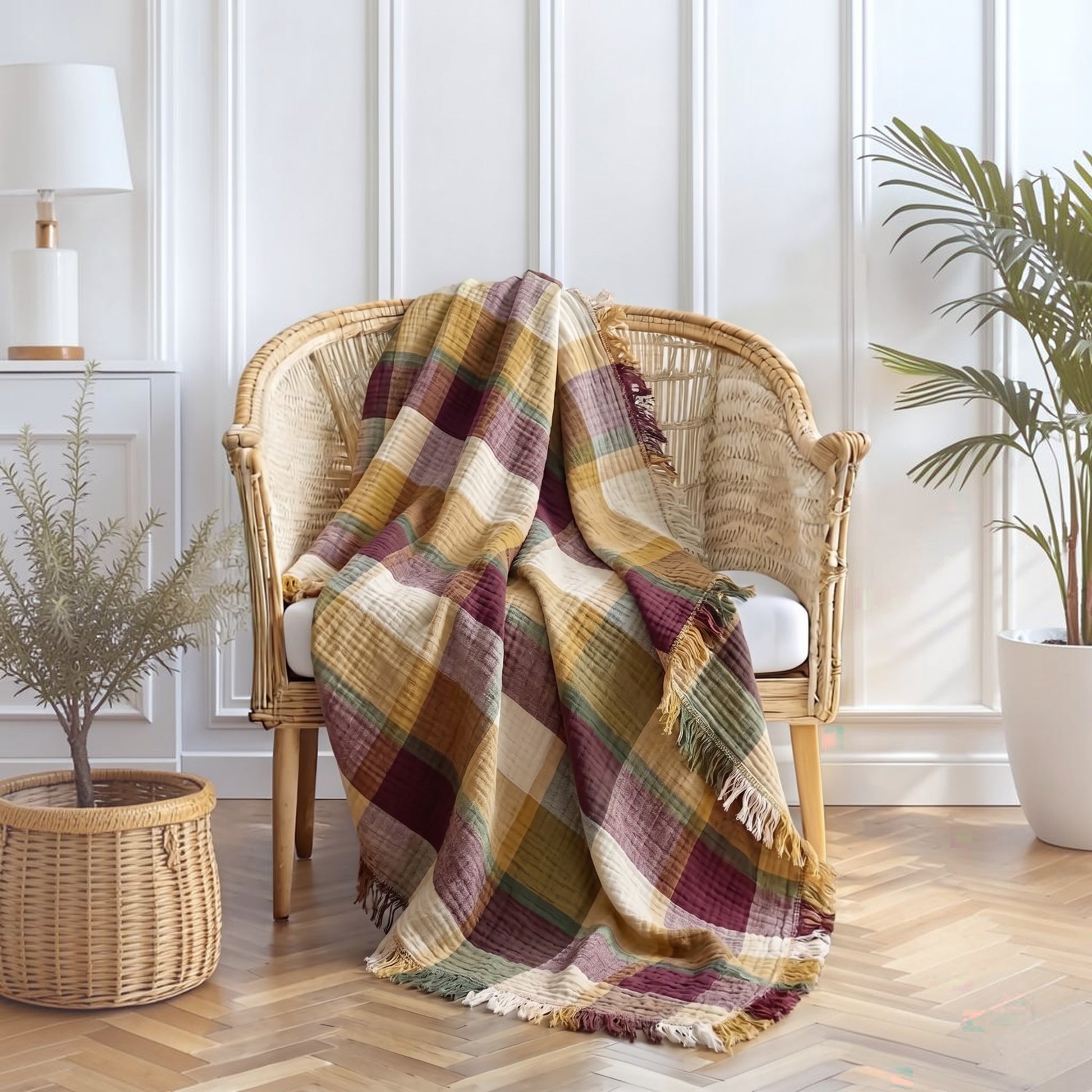 Cotton Plaid Throw Blanket – Sofa Throw & Picnic Blanket draped over a wicker chair in a room with plants and a lamp.