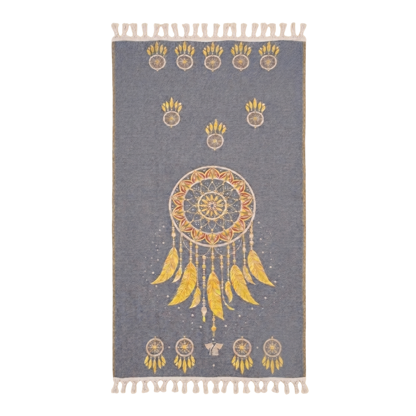 eco friendly handmade boho pestemal towel with gold dreamcatcher design on a blue background