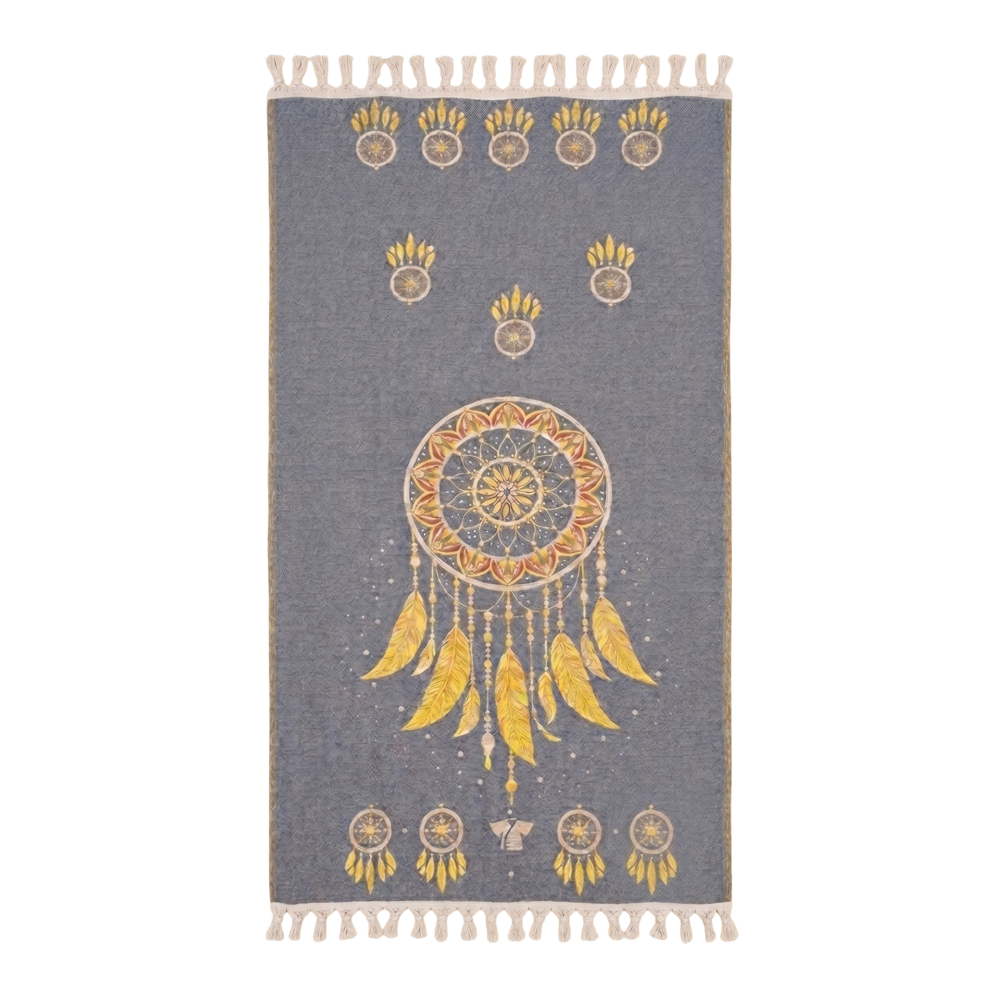 eco friendly handmade boho pestemal towel with gold dreamcatcher design on a blue background