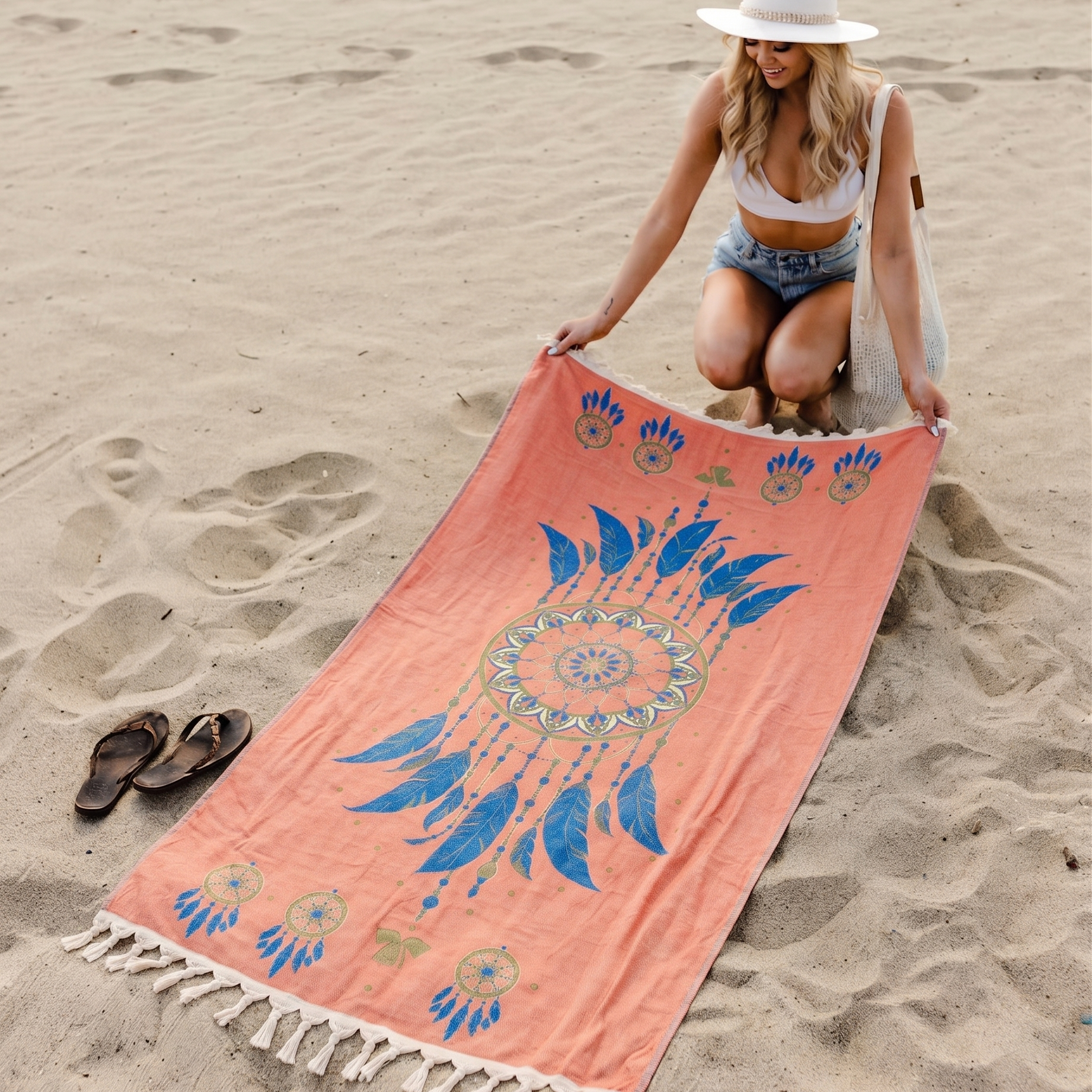 Woman on a beach with a eco friendly handmade boho pestemal towel featuring a dreamcatcher design.