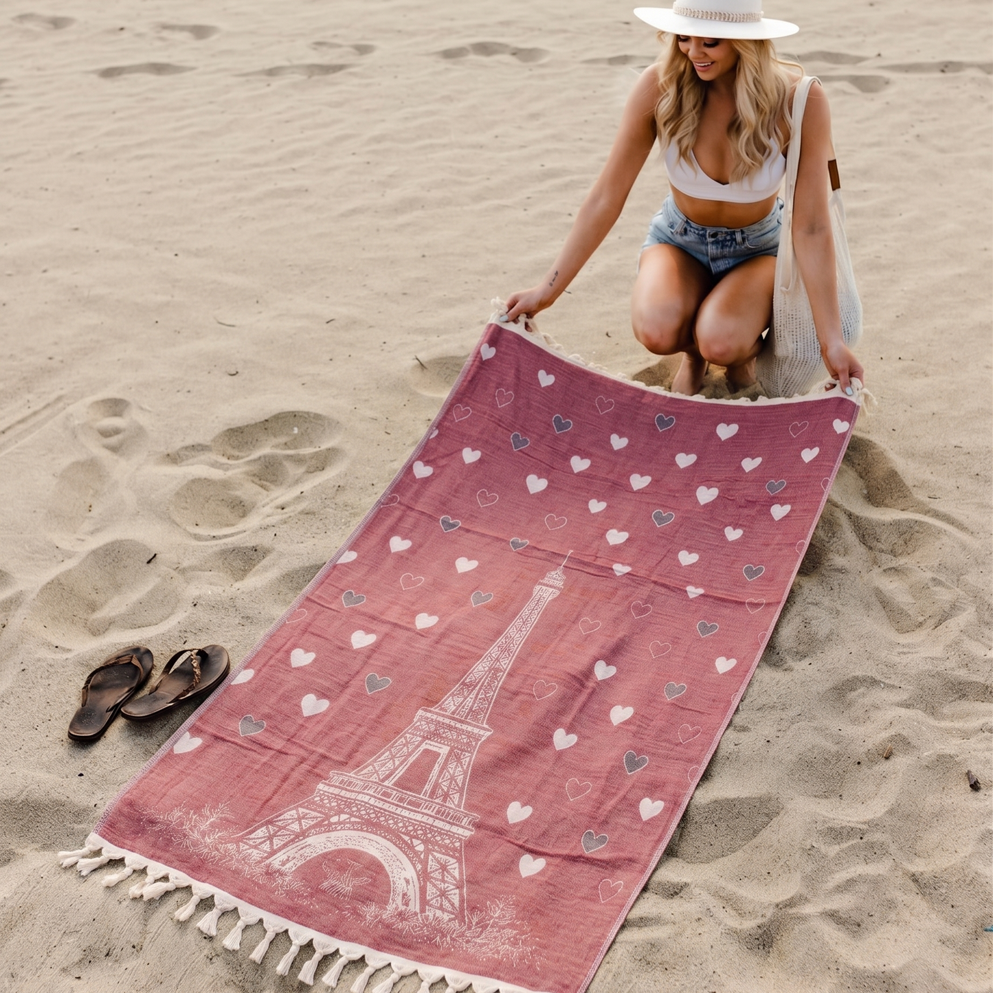 Woman setting up a paris love turkish towel pestemal beach towel