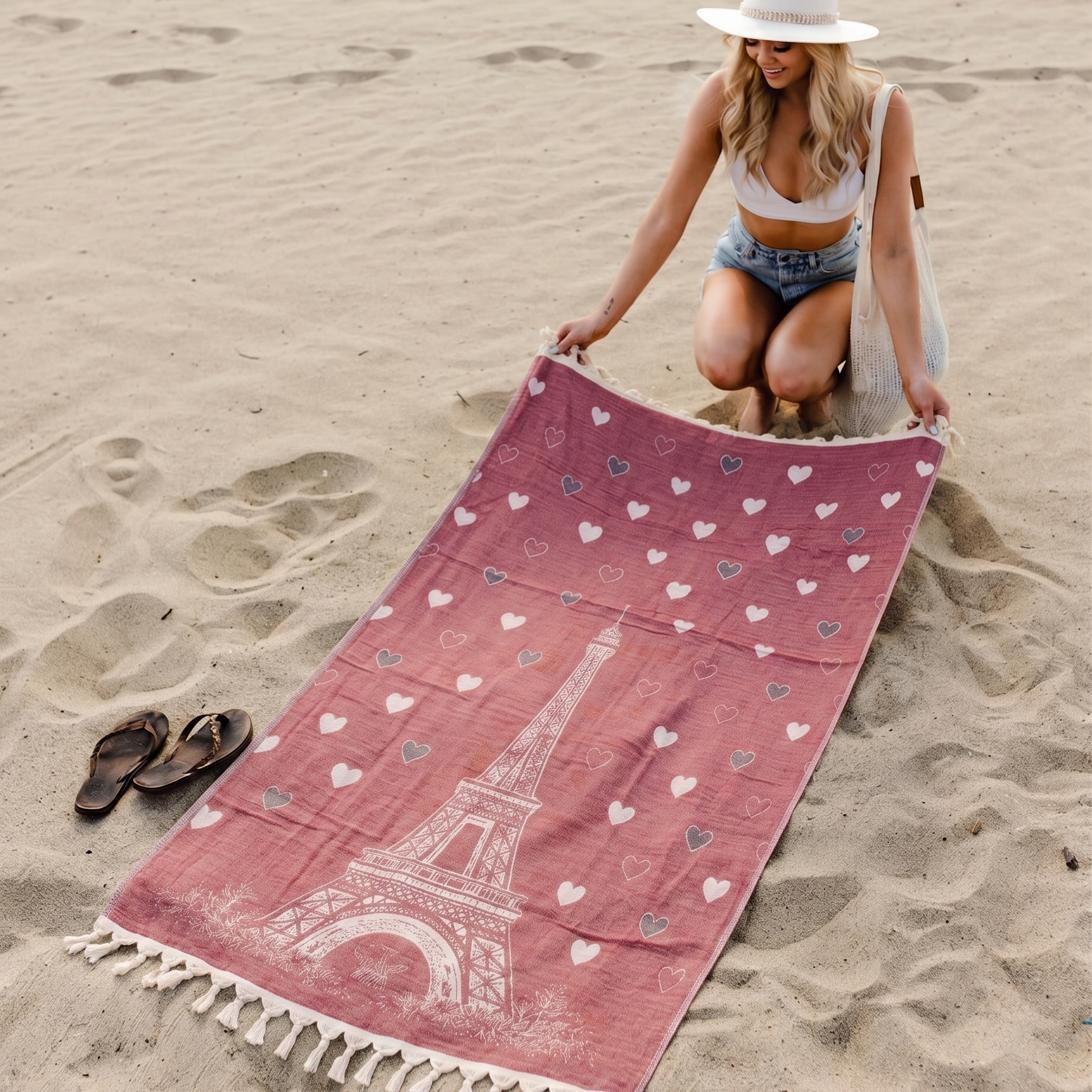 Woman setting up a paris love turkish towel pestemal beach towel