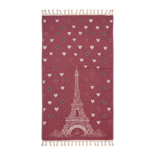 paris love turkish towel pestemal beach towel on a white background