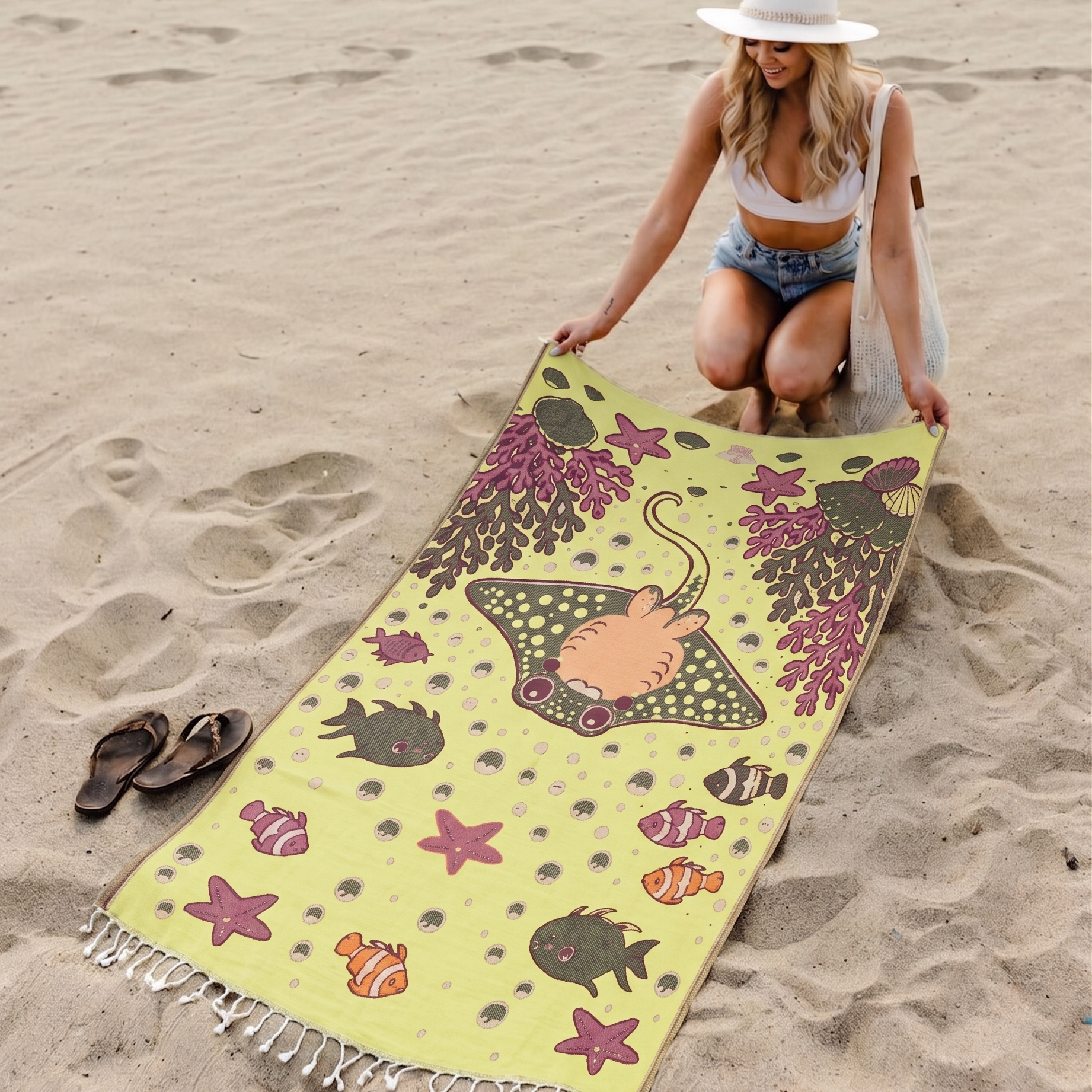 Woman on a beach with a colorful 3 layer turkish towel pestemal underwater collection featuring marine life designs.