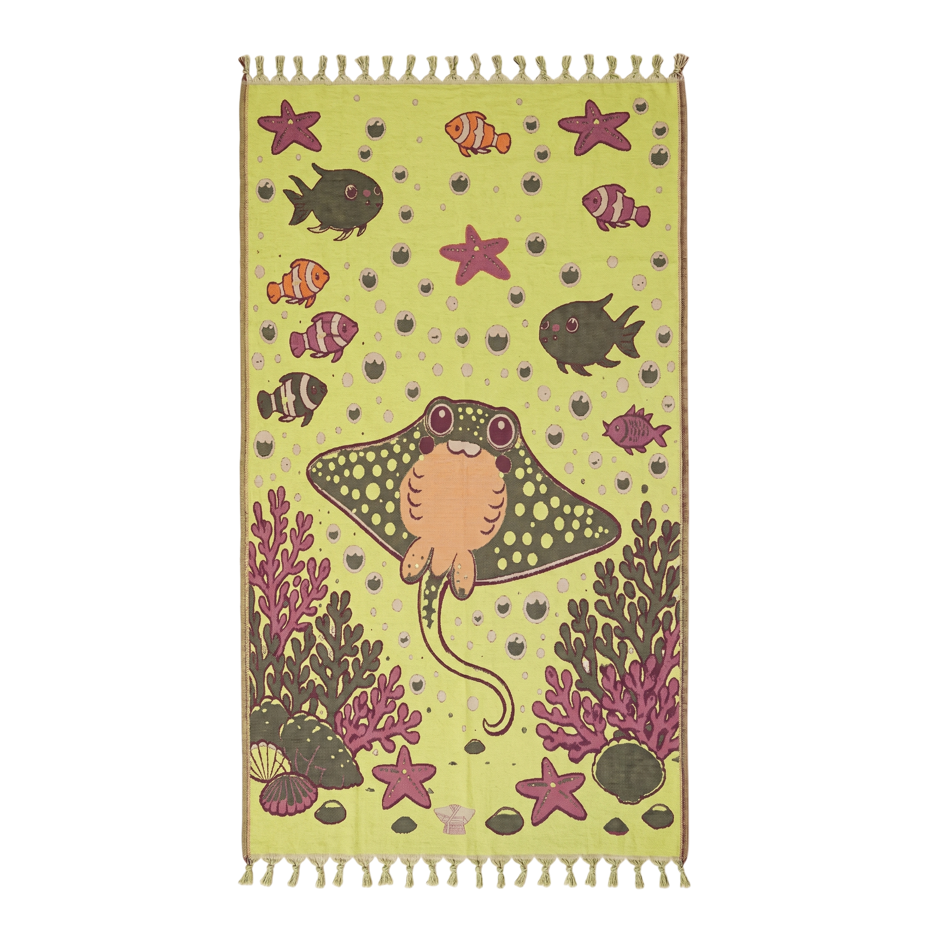Children's 3 layer turkish towel pestemal underwater collection withray fish and sea plant design on a white background