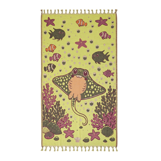 Children's 3 layer turkish towel pestemal underwater collection withray fish and sea plant design on a white background