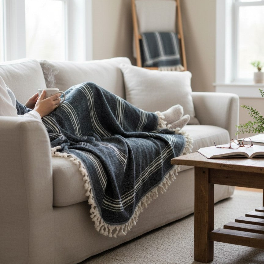 Anatolia Navy Natural Cotton Throw Blanket