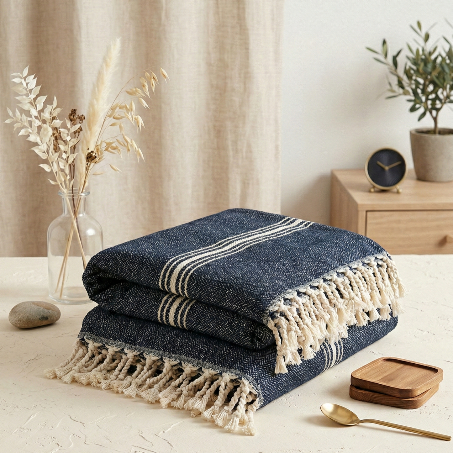 Anatolia Navy Natural Cotton Throw Blanket