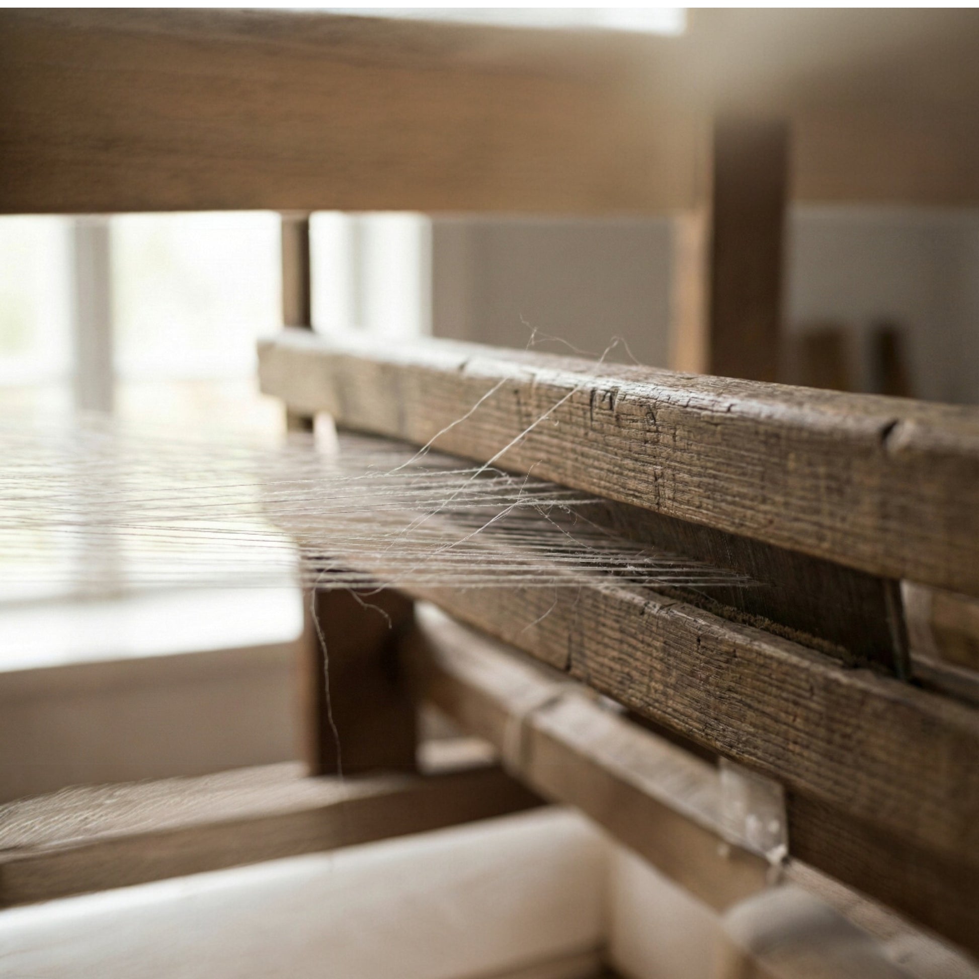 Close-up of a wooden loom with threads, blurred background where Antakya Handwoven Silk Scarf woven