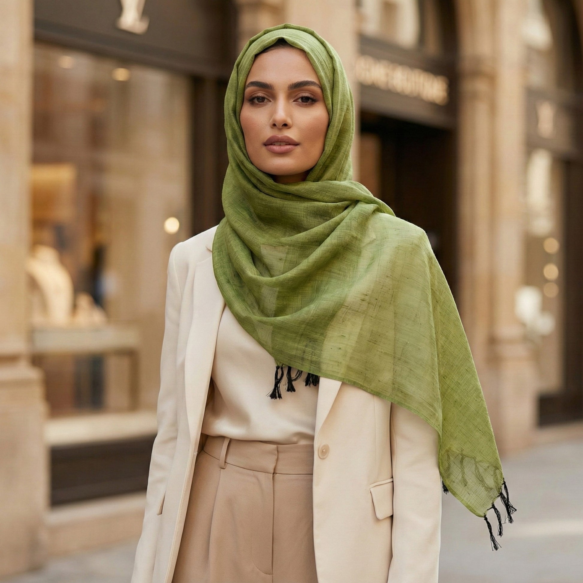 Woman wearing a green Antakya Handwoven Silk Scarf hijab and beige coat in an urban setting