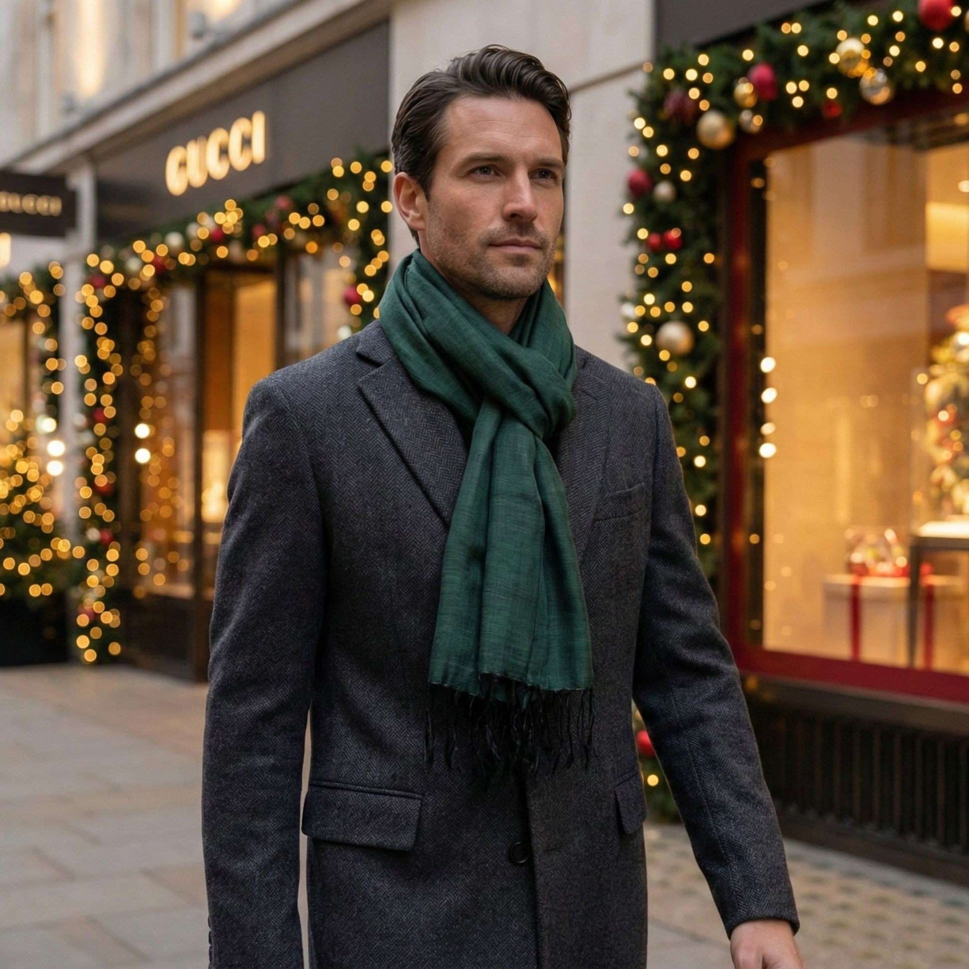 Man wearing a dark coat and green Antakya Handwoven Silk Scarf standing in front of a Gucci store with festive decorations.