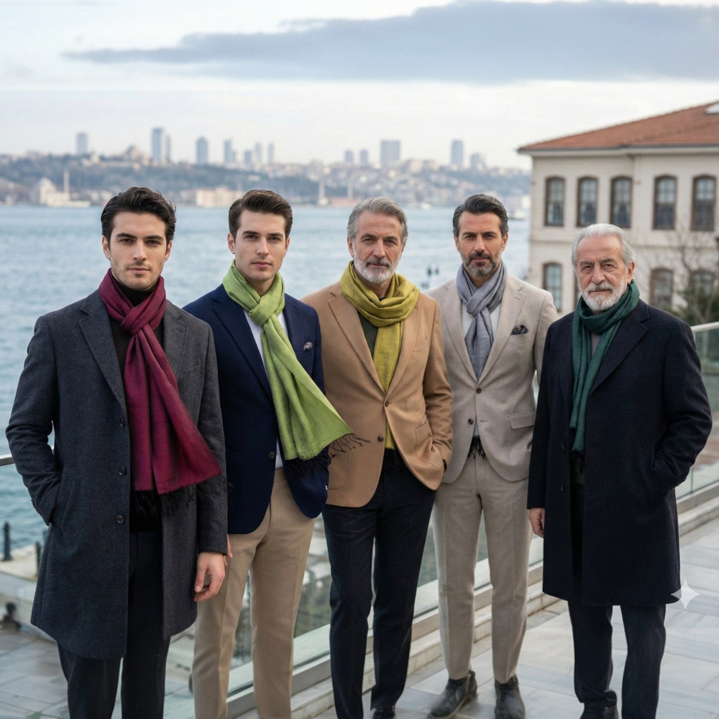 Five men standing together with a cityscape and water in the background wearing Antakya Handwoven Silk Scarves