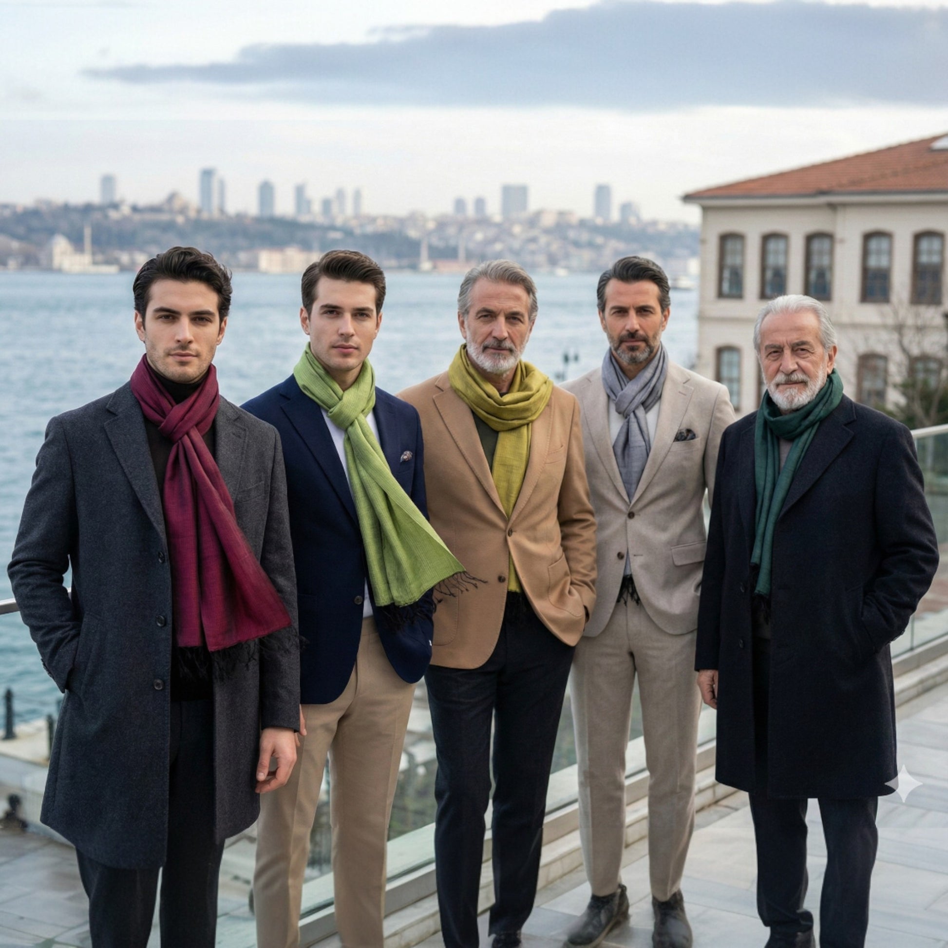 Five men standing together with a cityscape and water in the background wearing Antakya Handwoven Silk Scarves