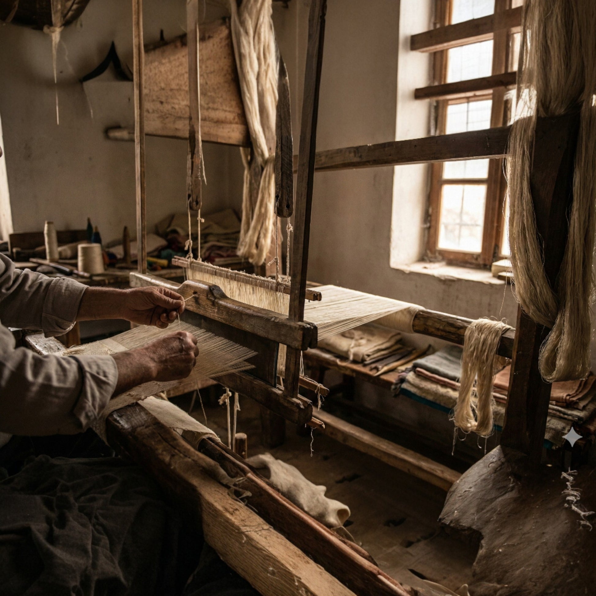 Person weaving on a traditional Antakya Handwoven Silk Scarf loom in a rustic setting
