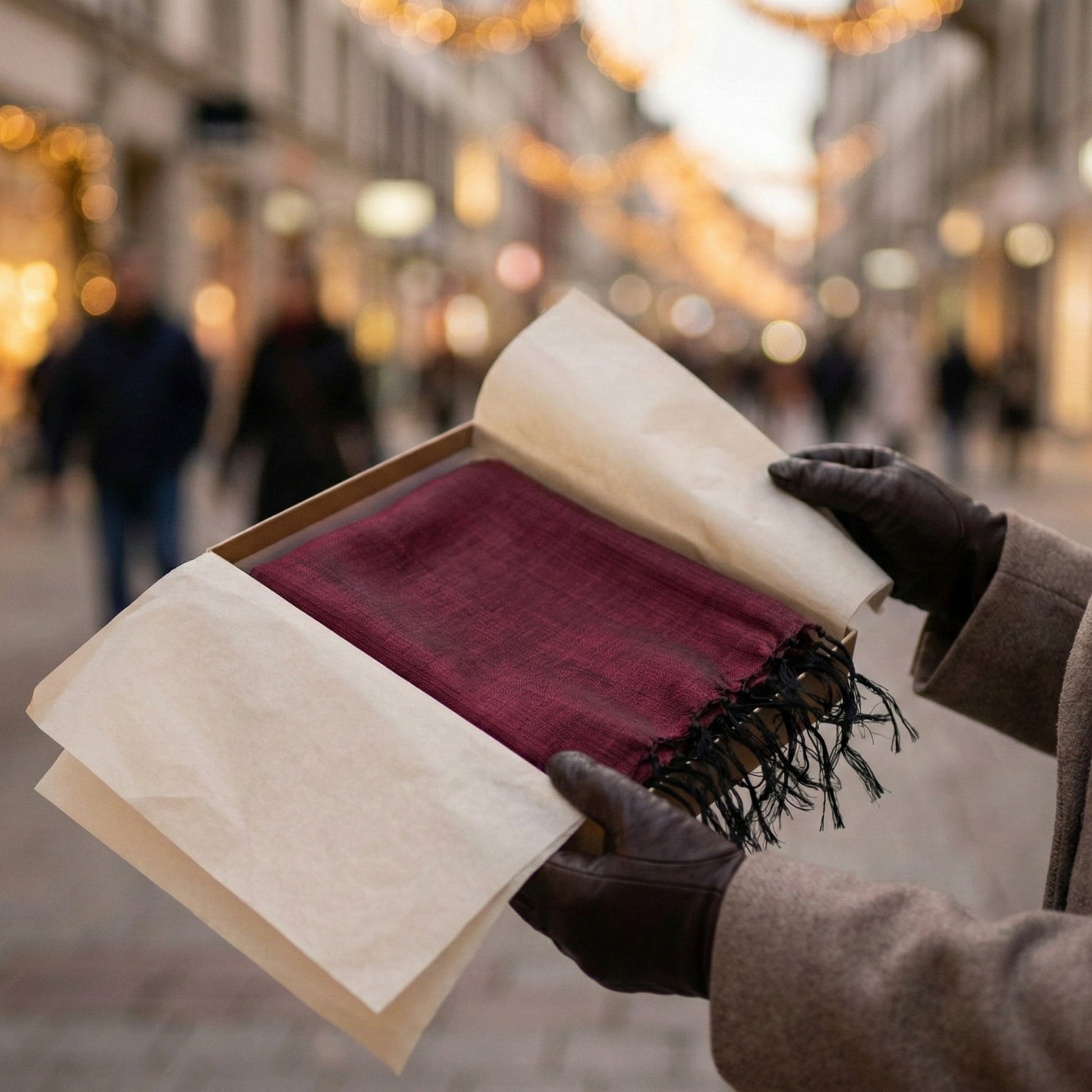 Person holding an open book with a red Antakya Handwoven Silk Scarf  inside, on a blurred street background