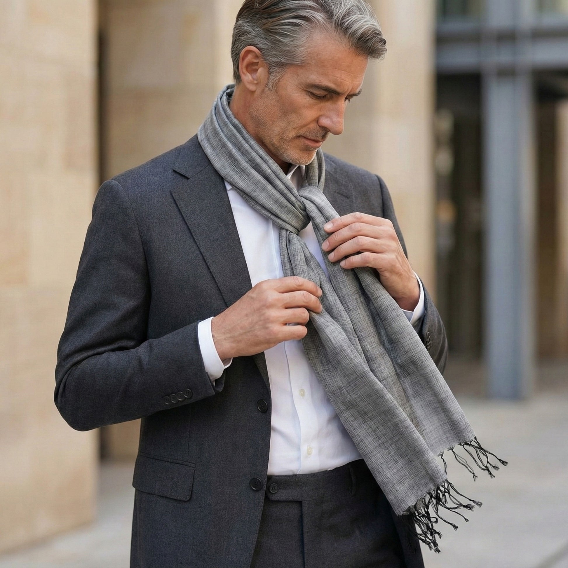 Man wearing a gray Antakya Handwoven Silk Scarf and dark suit in an urban setting