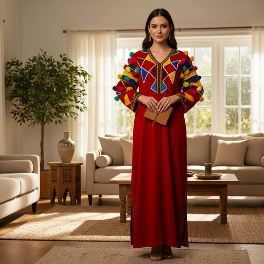 Woman in a colorful traditional Antique Alevi Turkmen Dress – Handwoven Anatolian Heritage from Sivas standing in a living room.