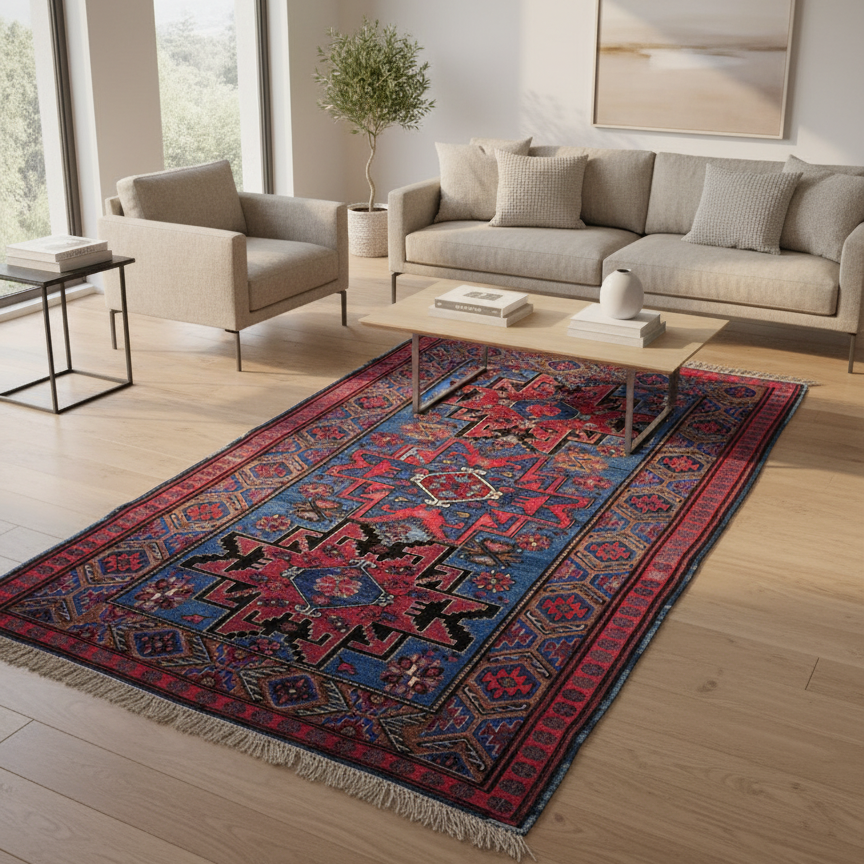 Decorative Antique Caucasian Sumak Kilim – Over 100 Years Old | Handwoven with Natural Root Dye with intricate patterns in a living room setting