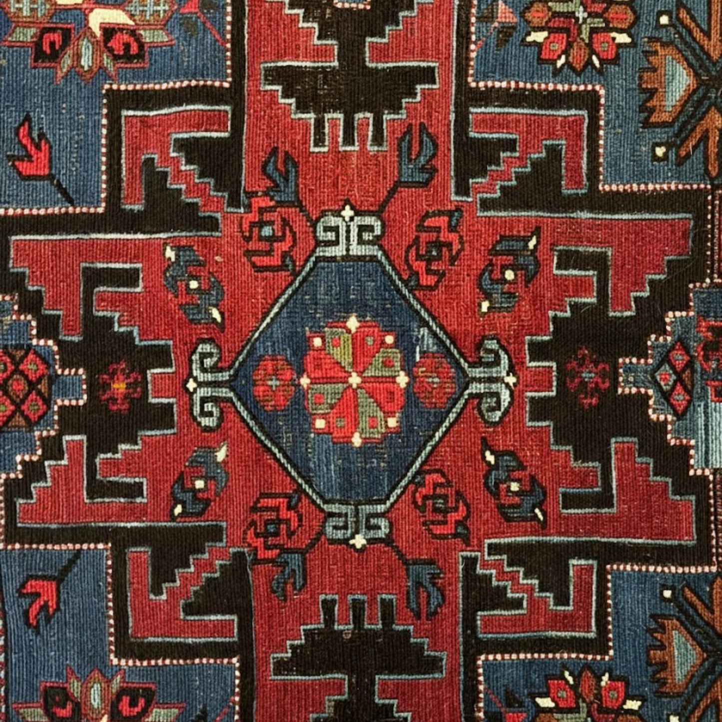 Close-up of a patterned Antique Caucasian Sumak Kilim – Over 100 Years Old | Handwoven with Natural Root Dye with geometric design