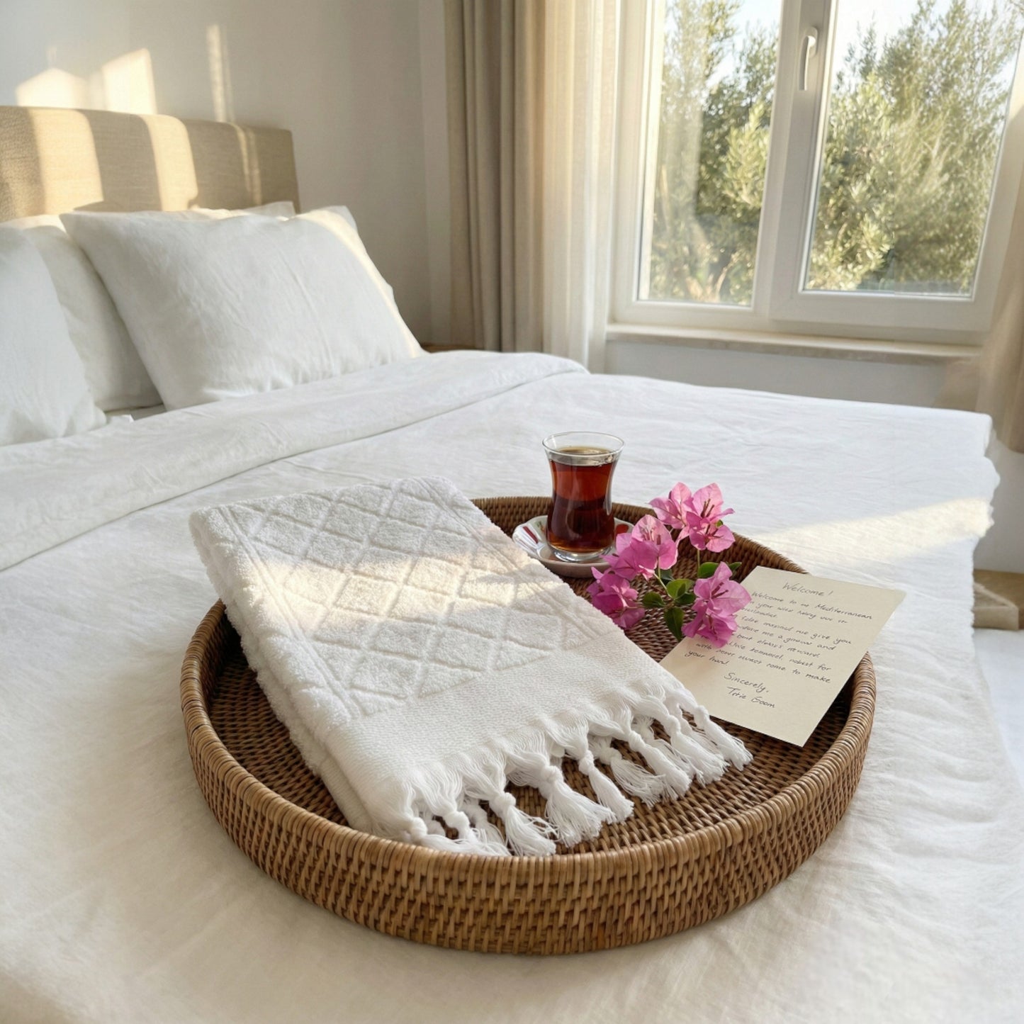 Hand-woven Baklava Design Turkish hand towel with traditional diamond pattern in a tray with tea, flowers, and a letter on a bed in a bright bedroom in a Boutique Hotel.