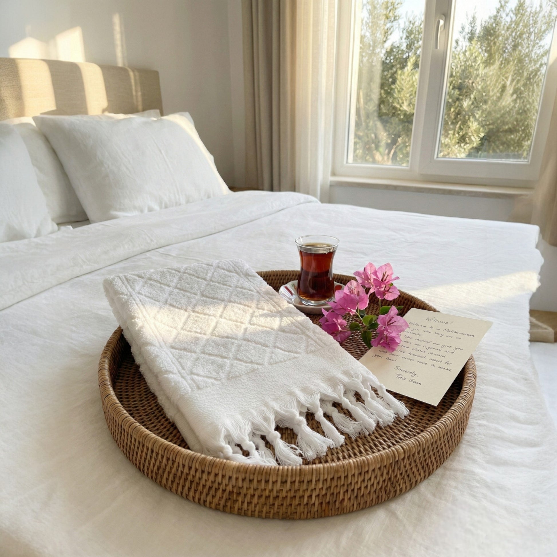 Hand-woven Baklava Design Turkish hand towel with traditional diamond pattern in a tray with tea, flowers, and a letter on a bed in a bright bedroom in a Boutique Hotel.