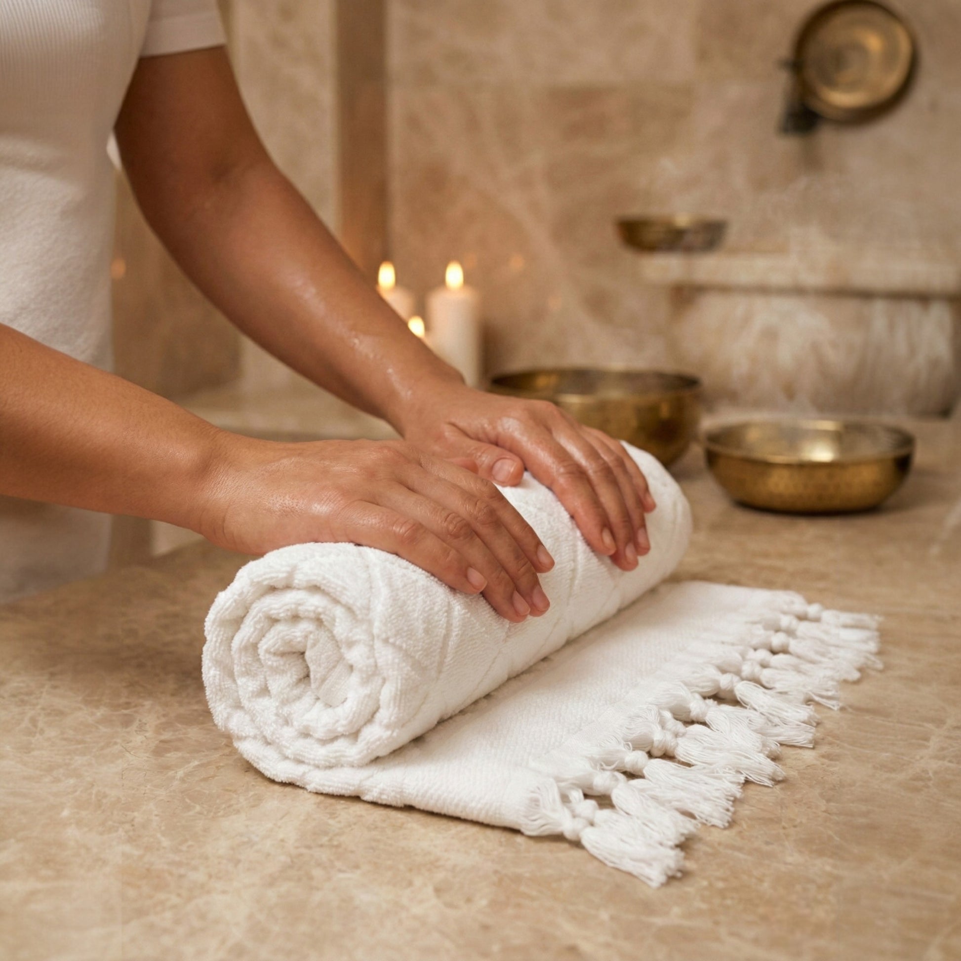 Person holding a rolled Hand-woven Baklava Design Turkish hand towel with traditional diamond pattern in a spa setting with candles and bowls.