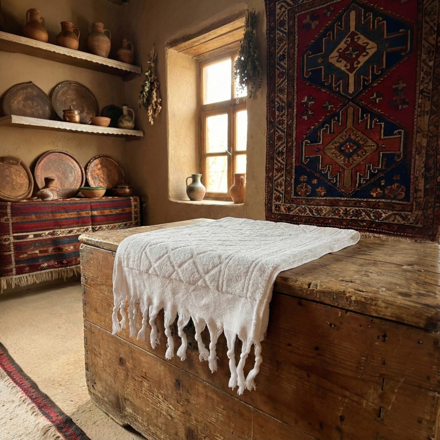 Rustic room with wooden chest, Hand-woven Baklava Design Turkish hand towel with traditional diamond pattern, and patterned Trukish Kilim rug.