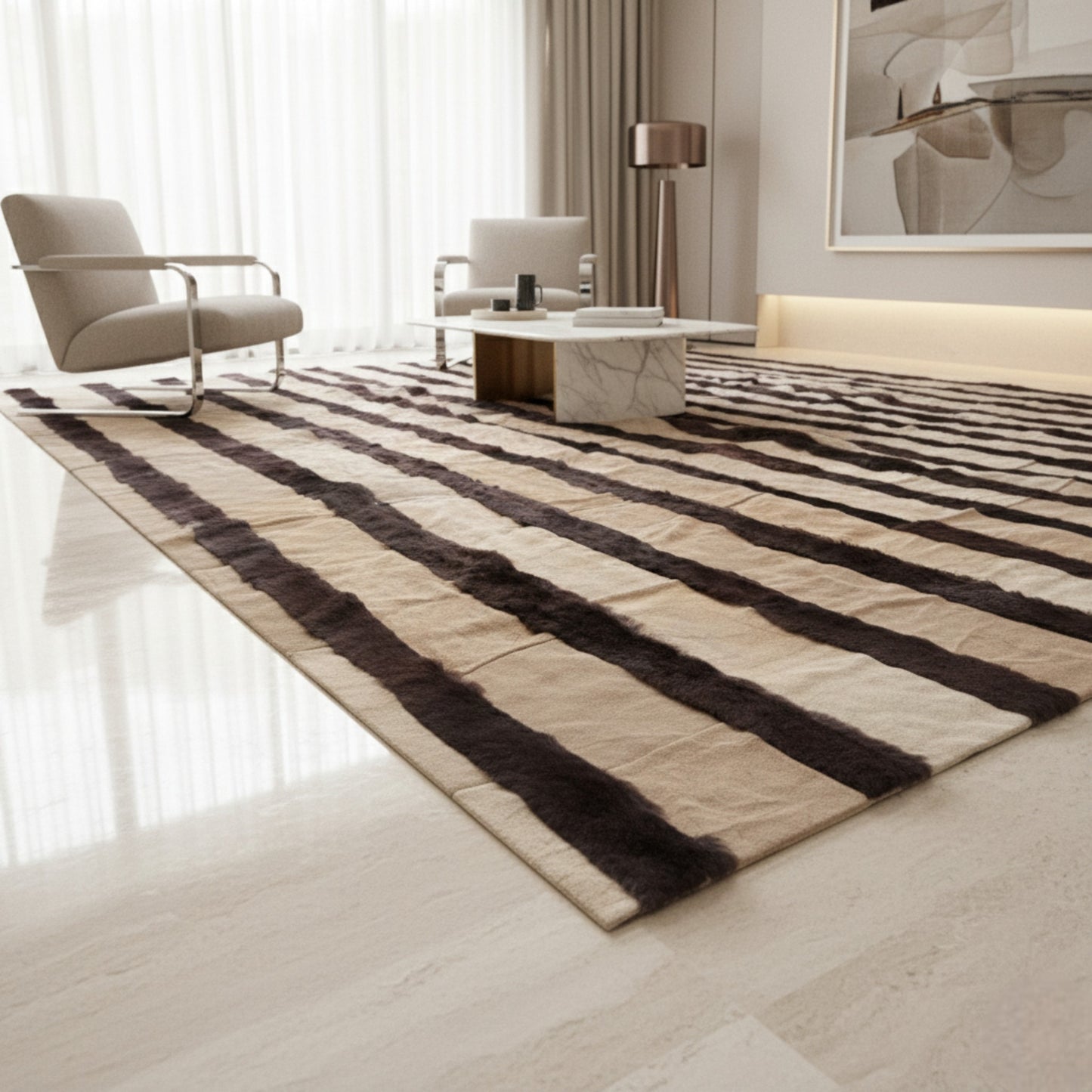 Base Sheep Suede & Lamb Fur Stripe Rug – Handcrafted Sustainable Luxury, 235 × 250 cm