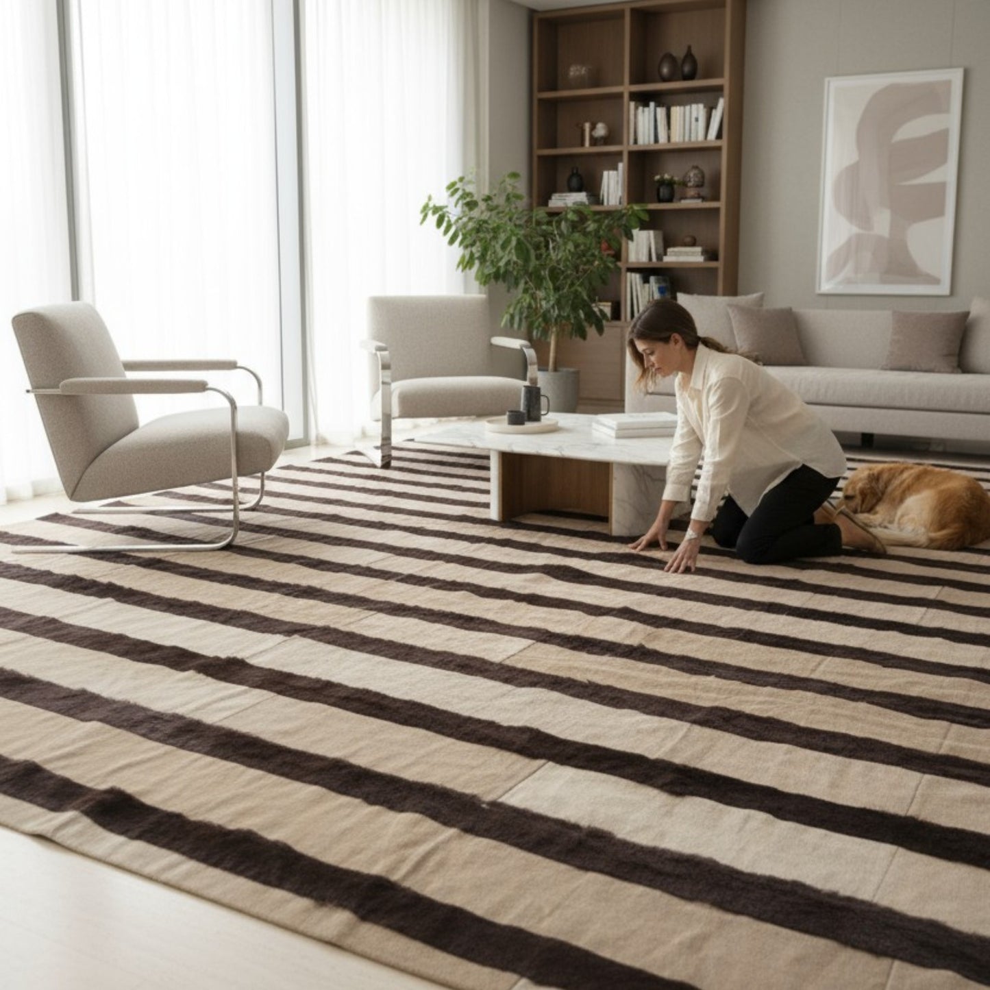 Base Sheep Suede & Lamb Fur Stripe Rug – Handcrafted Sustainable Luxury, 235 × 250 cm
