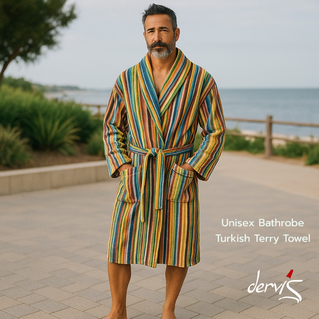 Man wearing a colorful striped bathrobe by the beach with 'dervis' branding.