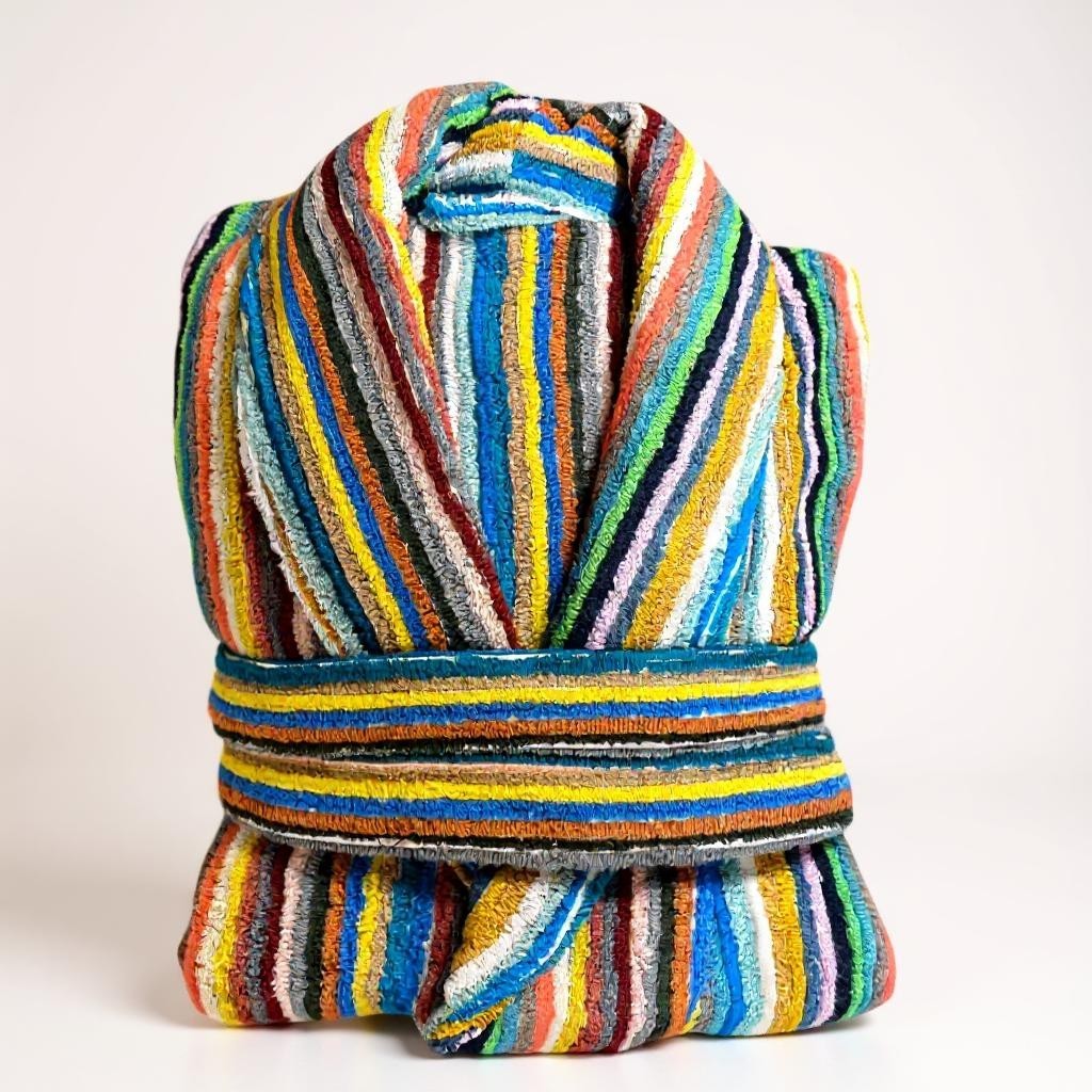 Multicolored striped robe folded, in details