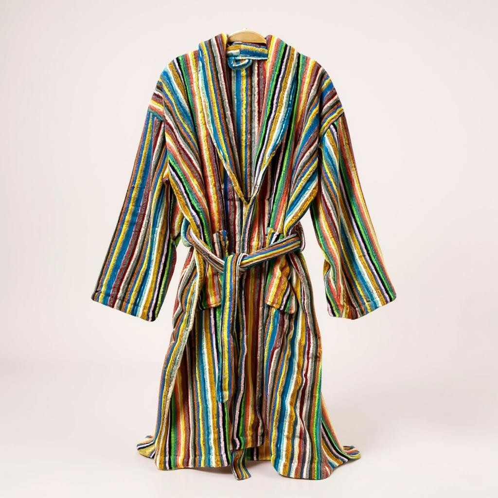 Multicolored striped Turkish Terry Towel bathrobe front view