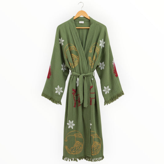 Christmas Design Kimono Robe - Hand Made & Hand Print