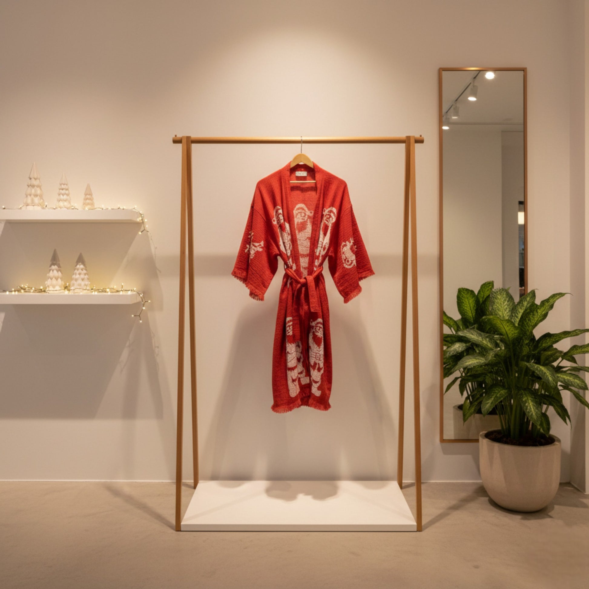 Christmas Design Kimono Robe - Hand Made & Hand Print with white patterns hanging on a wooden rack in a room with a plant and mirror.
