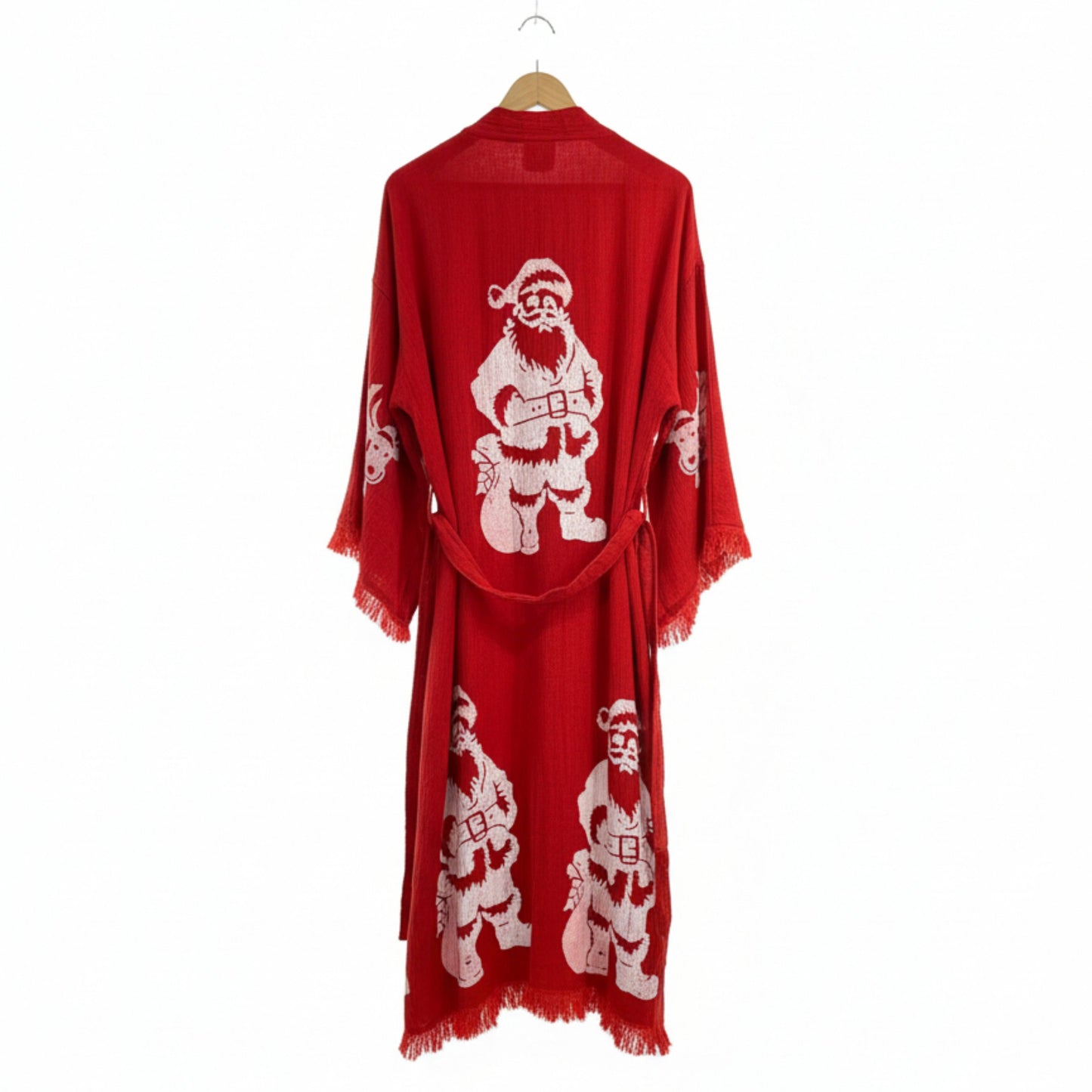 Red Christmas Design Kimono Robe - Hand Made & Hand Print t with white Santa Claus prints on a white background