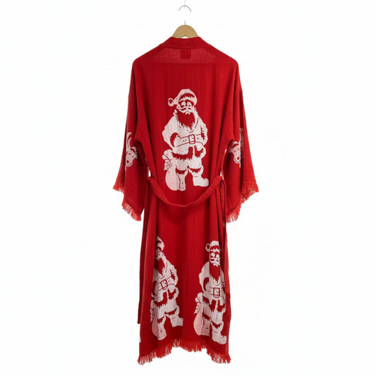 Red Christmas Design Kimono Robe - Hand Made & Hand Print t with white Santa Claus prints on a white background