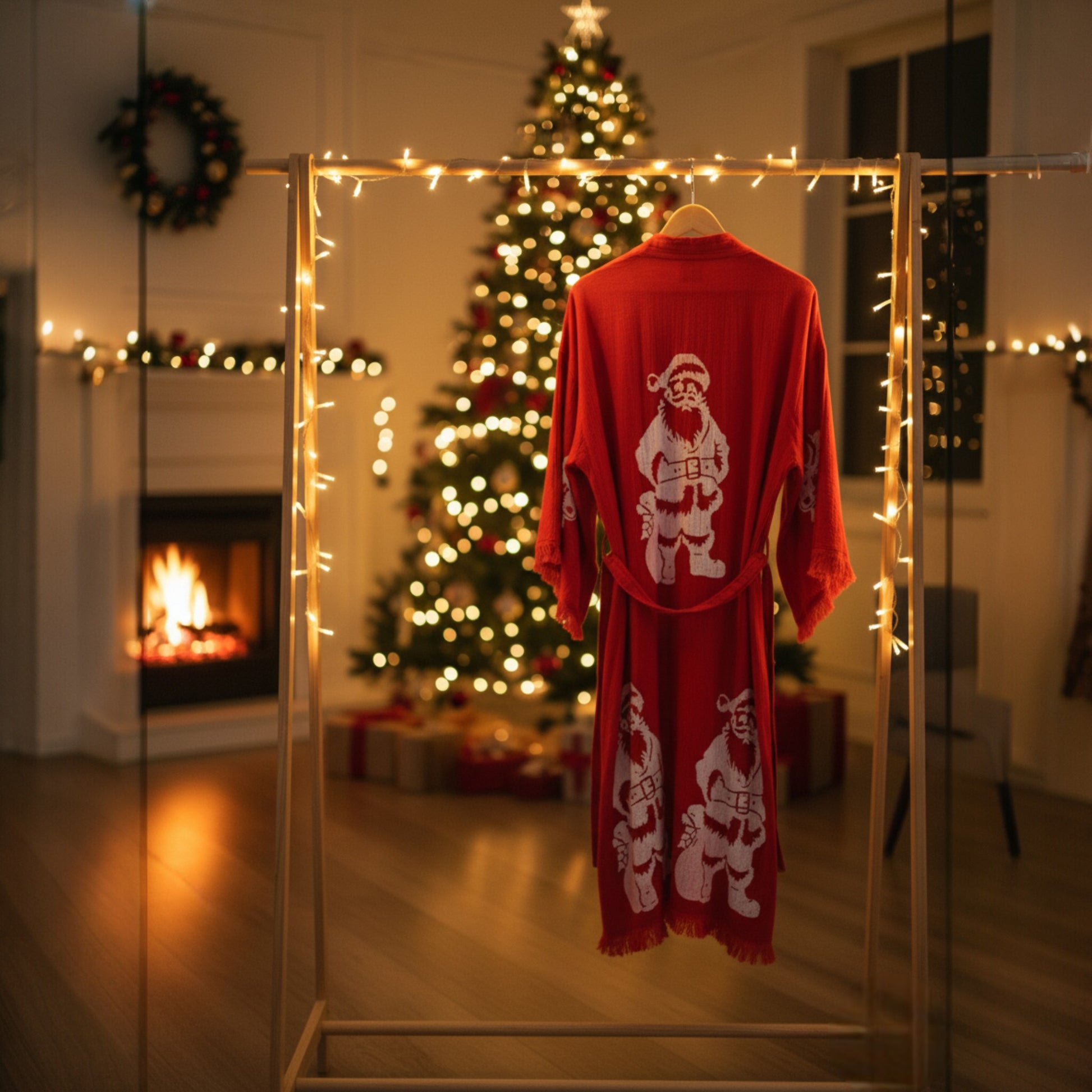 Red Santa Claus robe on a stand with a Christmas tree and fireplace in the background