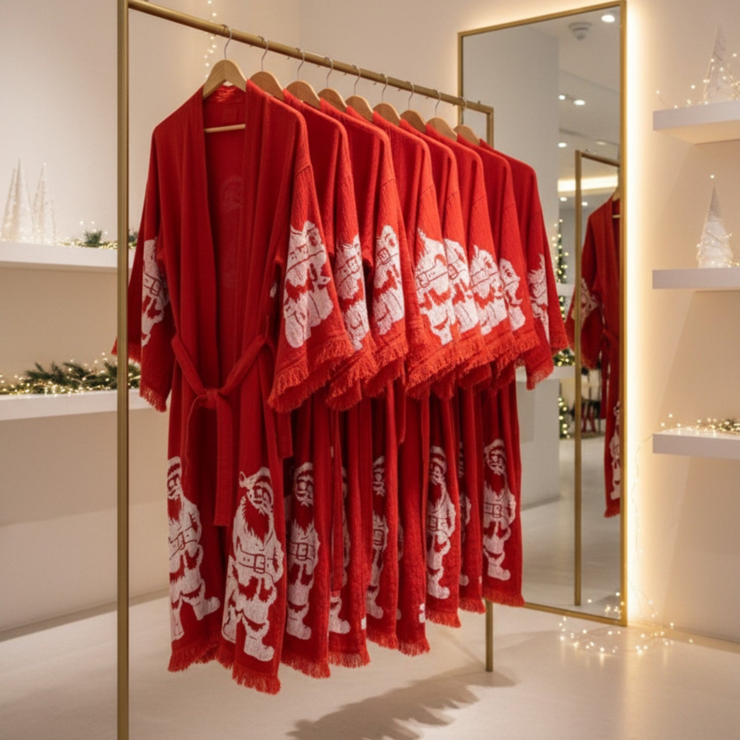 Red Christmas Design Kimono Robe - Hand Made & Hand Print with white patterns on hangers in a store setting